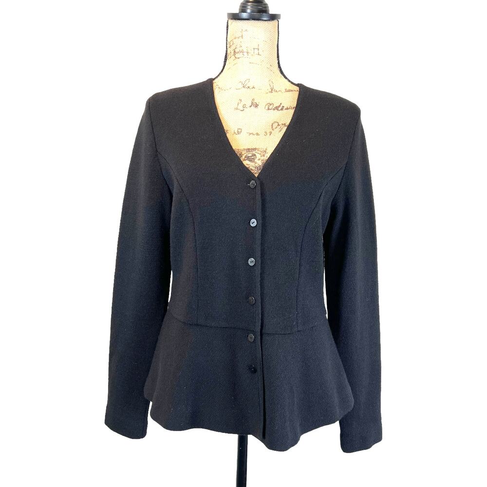 Peruvian Connection Black V-Neck Buttoned Peplum Cardigan